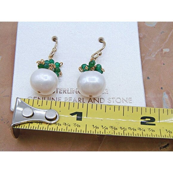 NEW Sterling Silver Genuine Pearl and Green Stone Dangle Earrings Gold Hook NWT - Picture 11 of 11